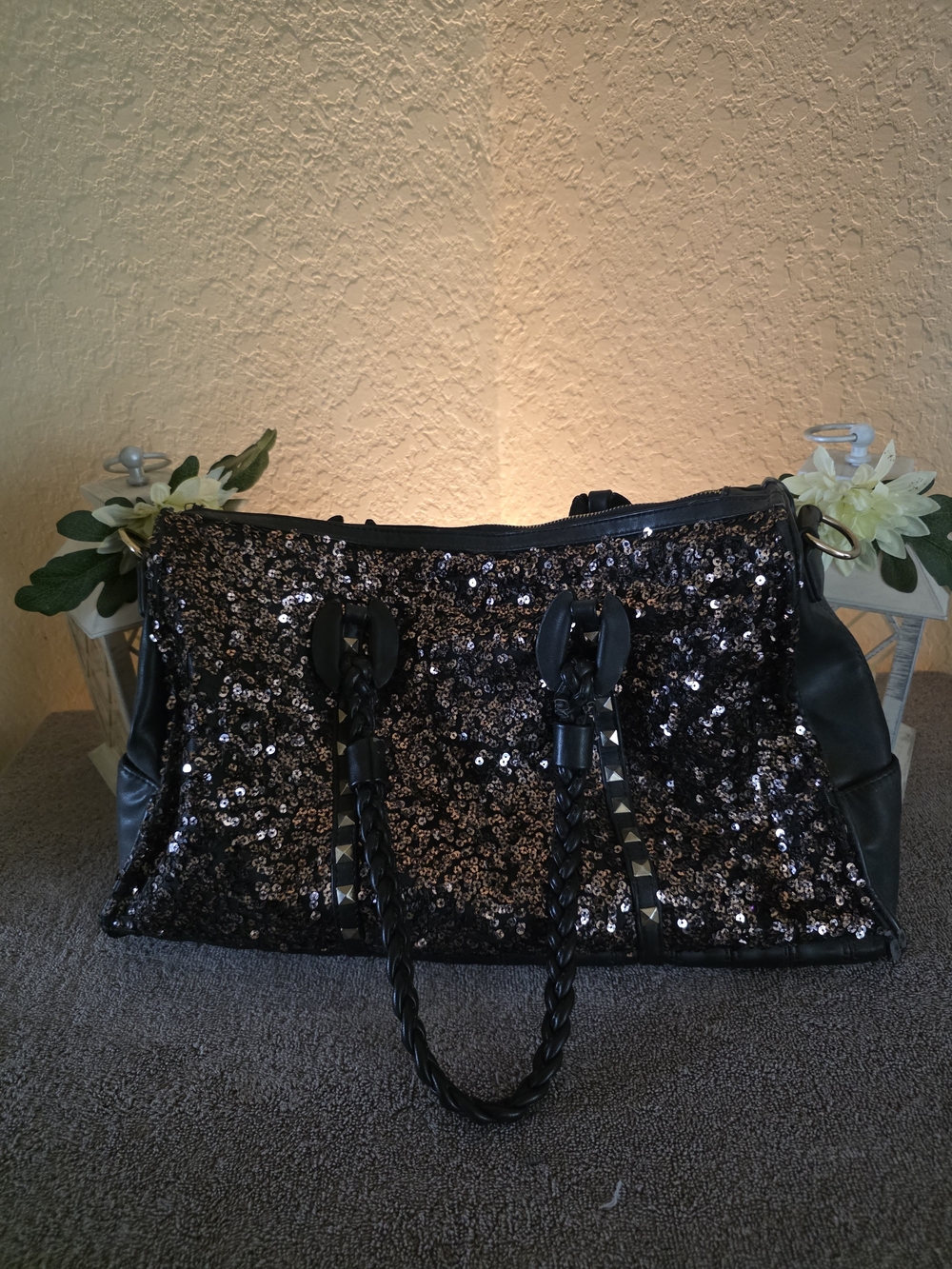Black Sequin Tote Bag with Braided Handles
